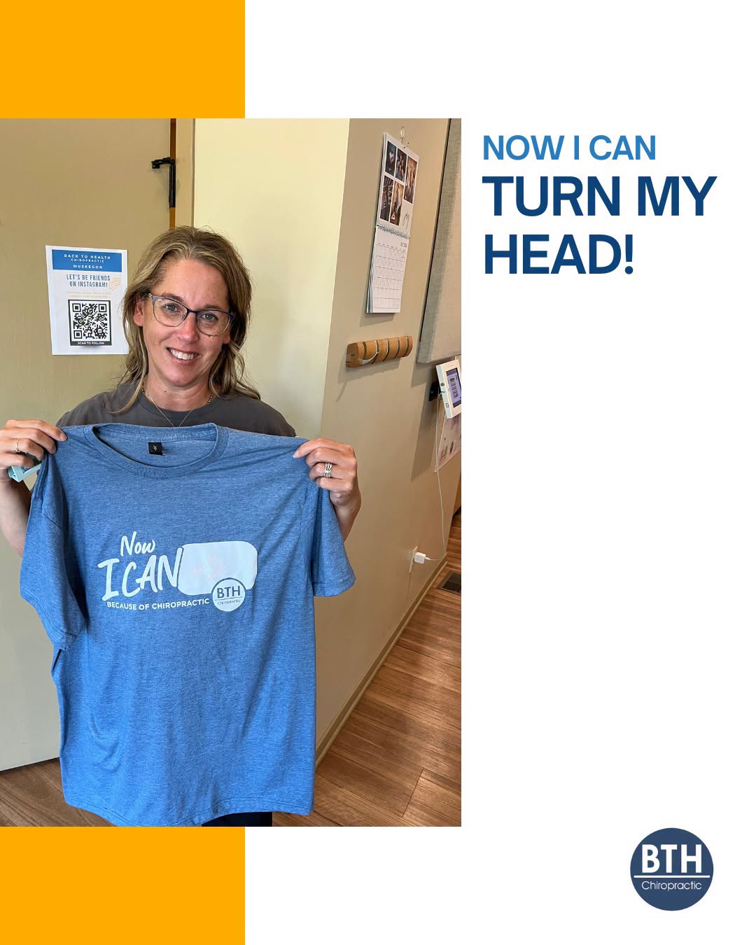 Back To Health Muskegon patient holding a Now I Can shirt